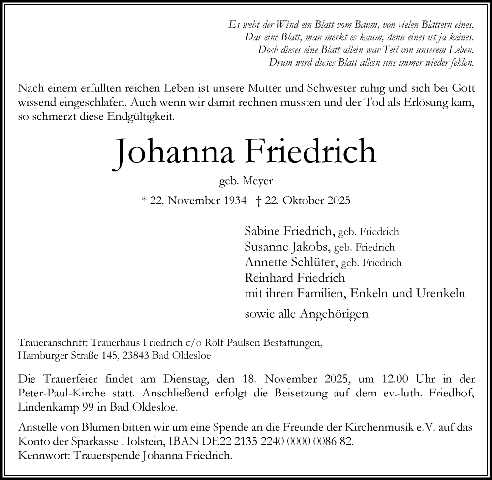  Traueranzeige für Johanna Friedrich vom 08.11.2025 aus MARKT Bad Oldesloe/Reinfeld und Stormarner Tageblatt