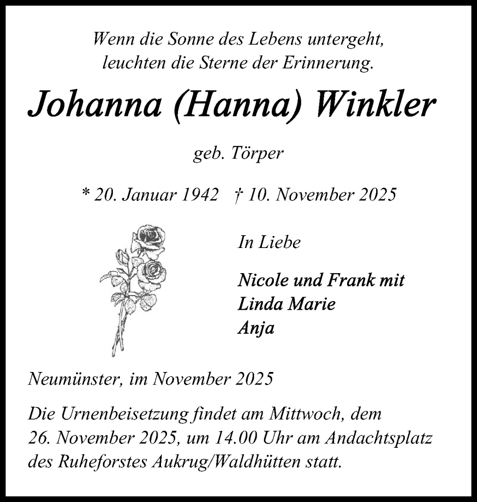  Traueranzeige für Johanna Winkler vom 15.11.2025 aus Holsteinischer Courier