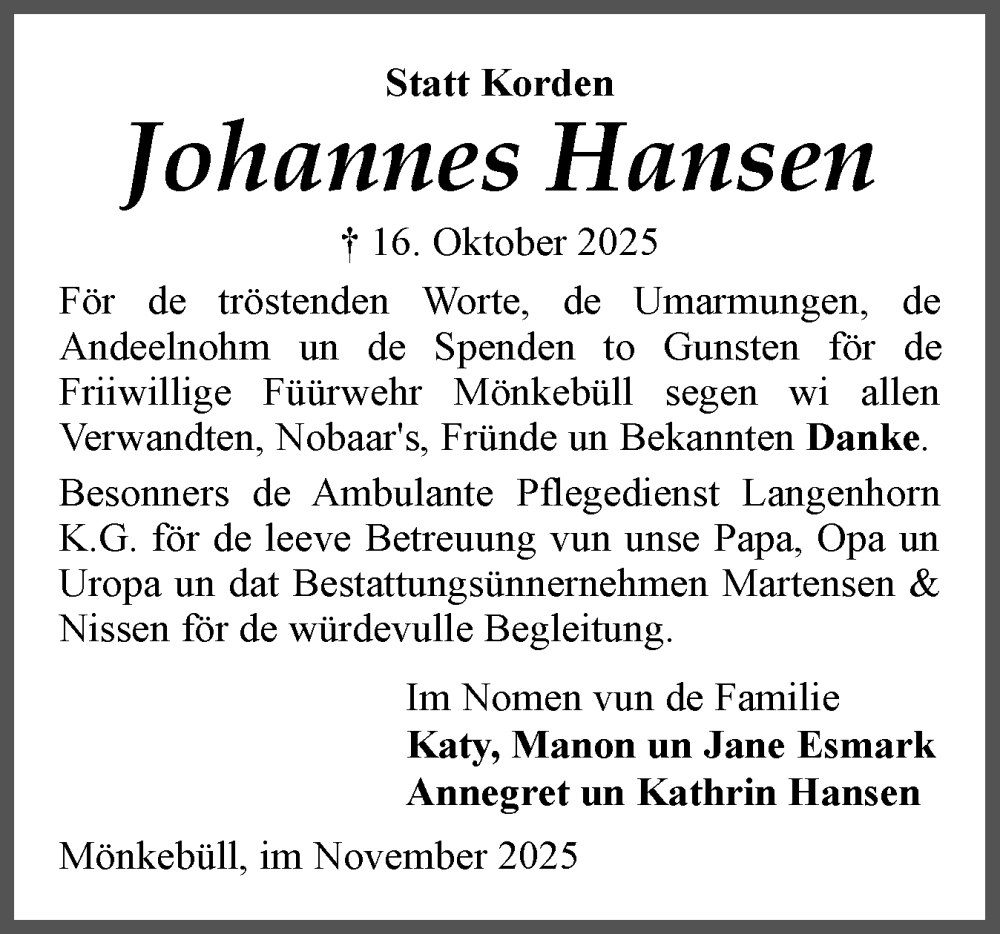  Traueranzeige für Johannes Hansen vom 22.11.2025 aus Husumer Nachrichten, Nordfriesland Tageblatt