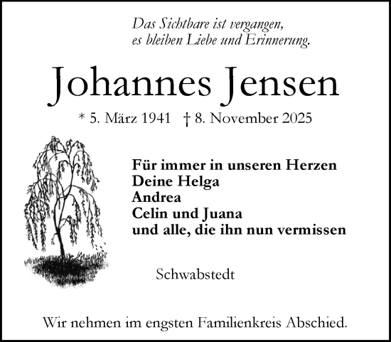 Traueranzeige von Johannes Jensen von Husumer Nachrichten, Nordfriesland Tageblatt