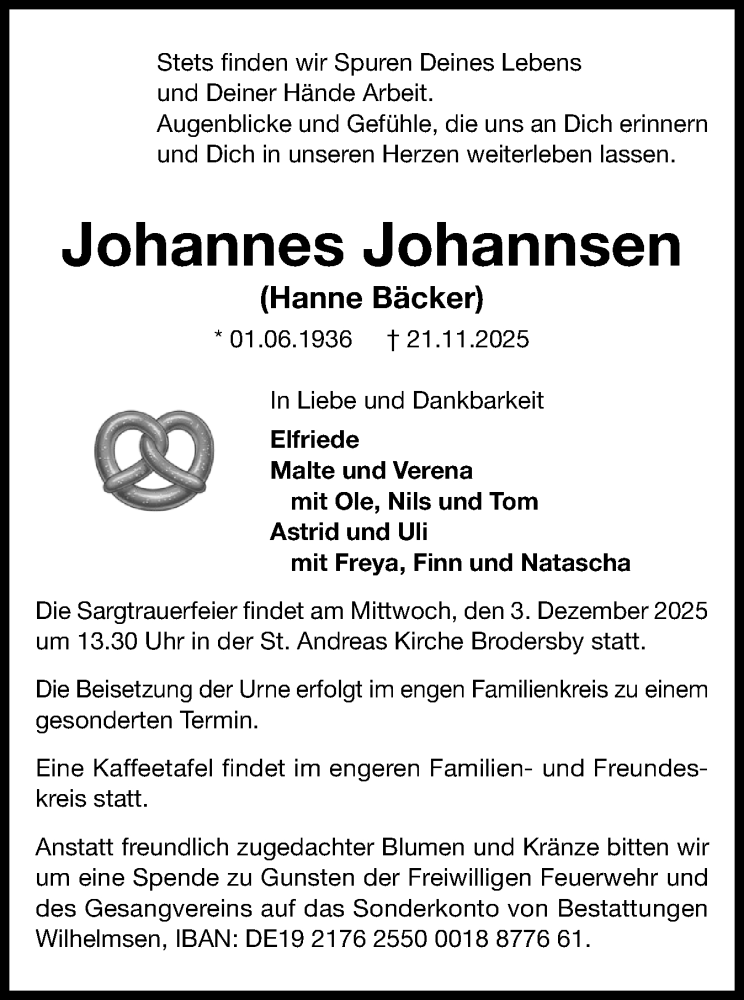  Traueranzeige für Johannes Johannsen vom 29.11.2025 aus Schleswiger Nachrichten, Schlei-Bote