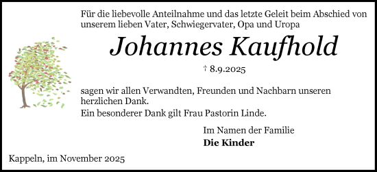 Traueranzeige von Johannes Kaufhold von Flensburger Tageblatt, Schleswiger Nachrichten, Schlei-Bote