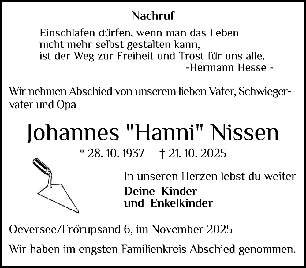  Traueranzeige für Johannes Nissen vom 08.11.2025 aus Flensburger Tageblatt