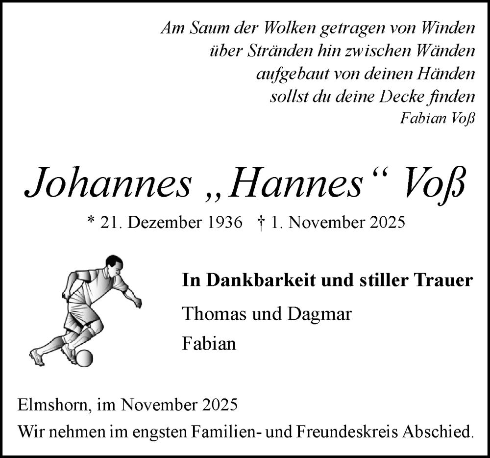  Traueranzeige für Johannes Voß vom 08.11.2025 aus Elmshorner Nachrichten, Barmstedter Zeitung