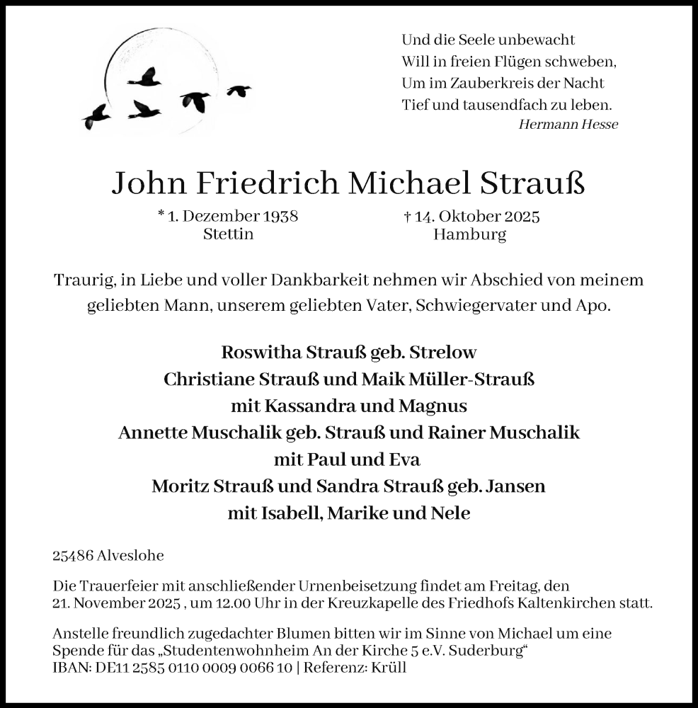  Traueranzeige für John Friedrich Michael Strauß vom 08.11.2025 aus Umschau