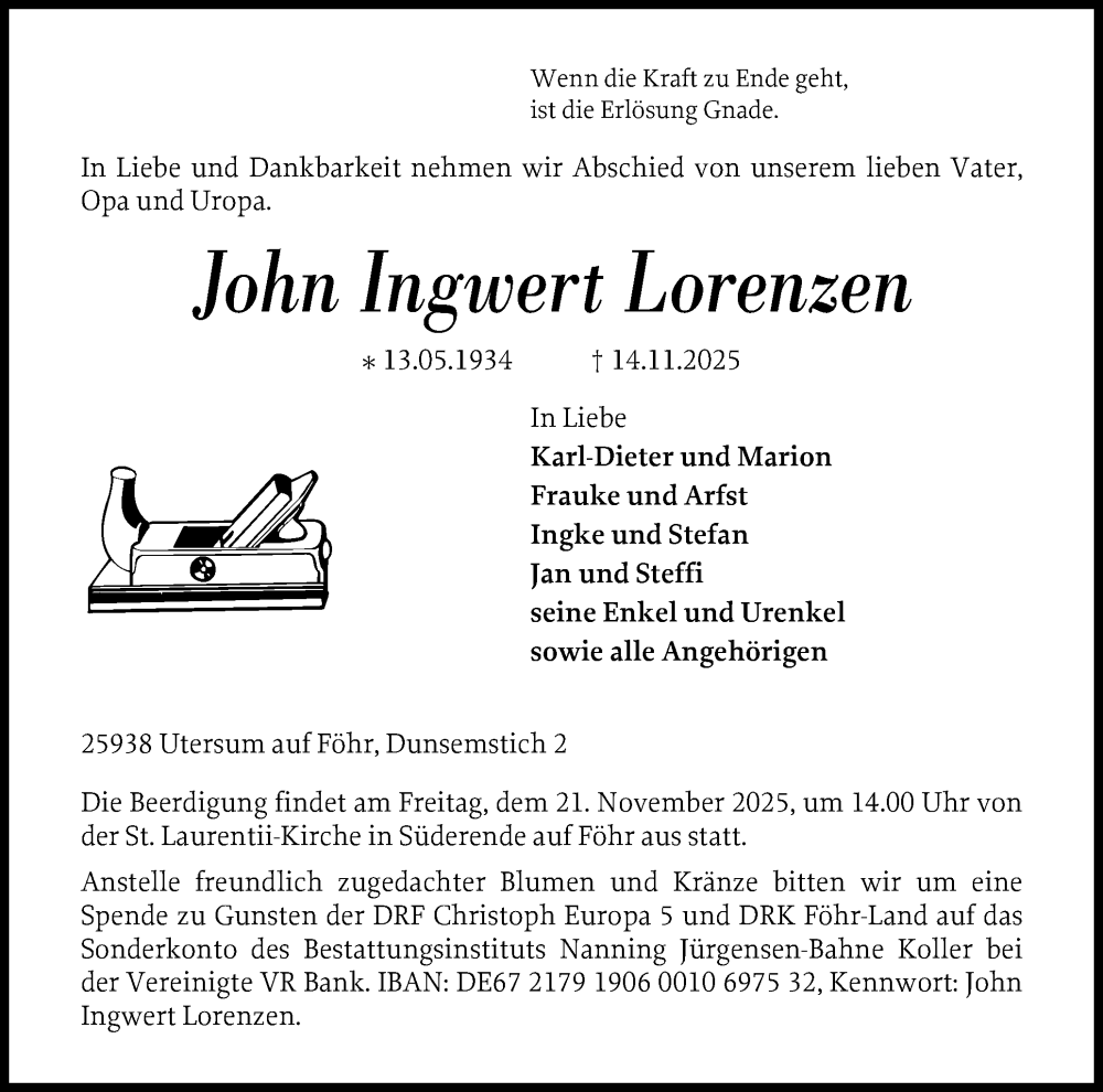  Traueranzeige für John Ingwert Lorenzen vom 18.11.2025 aus Der Insel-Bote