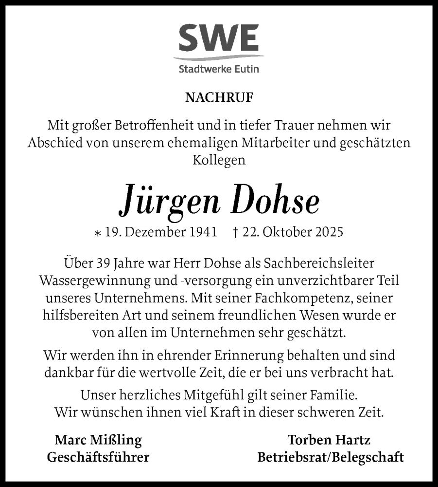  Traueranzeige für Jürgen Dohse vom 15.11.2025 aus Ostholsteiner Anzeiger