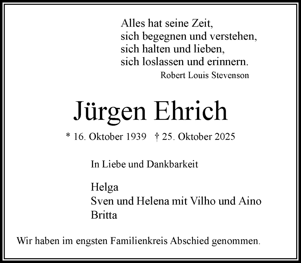  Traueranzeige für Jürgen Ehrich vom 29.11.2025 aus MARKT Bad Oldesloe/Reinfeld und Stormarner Tageblatt