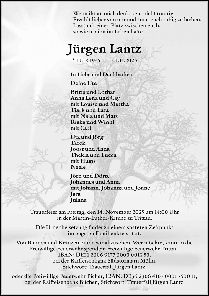  Traueranzeige für Jürgen Lantz vom 08.11.2025 aus MARKT Ahrensburg/Bargteheide/Trittau und Stormarner Tageblatt