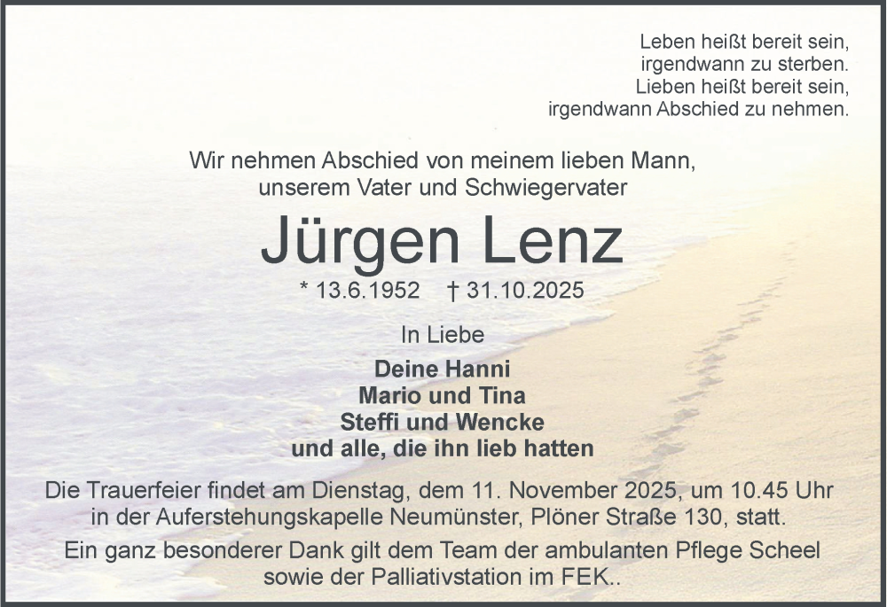  Traueranzeige für Jürgen Lenz vom 08.11.2025 aus Holsteinischer Courier
