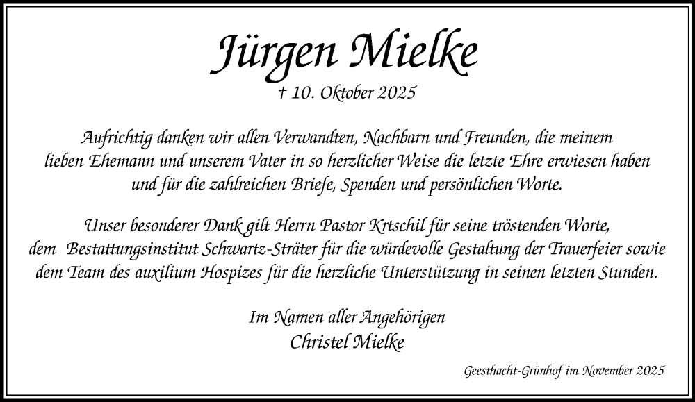  Traueranzeige für Jürgen Mielke vom 29.11.2025 aus Wochenend Anzeiger