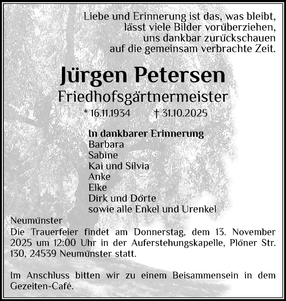  Traueranzeige für Jürgen Petersen vom 11.11.2025 aus Holsteinischer Courier