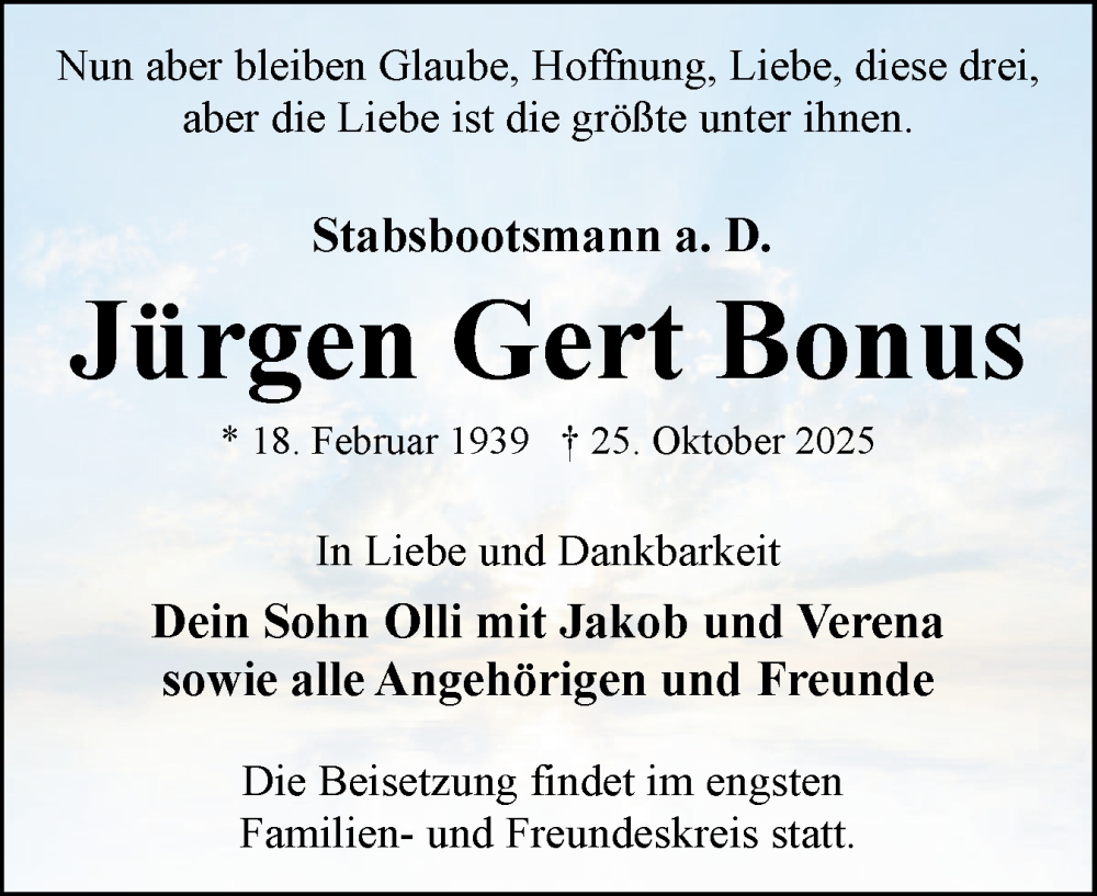  Traueranzeige für Jürgen Gert Bonus vom 15.11.2025 aus Eckernförder Zeitung, Hallo Eckernförde
