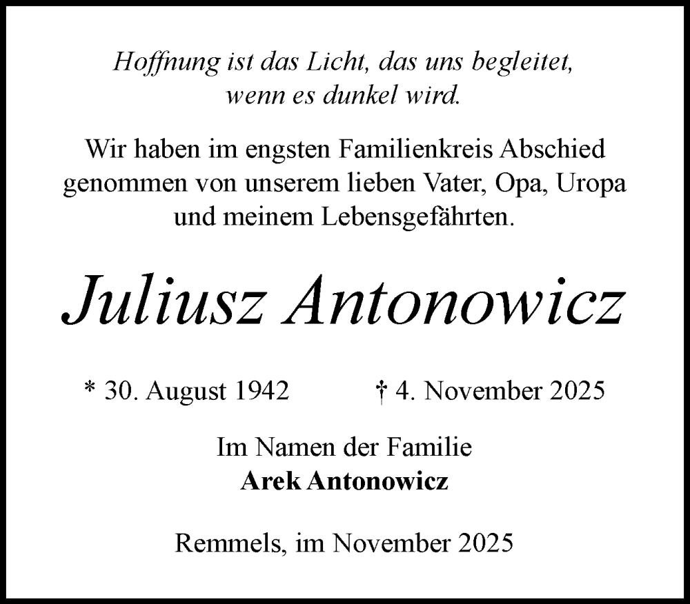  Traueranzeige für Juliusz Antonowicz vom 29.11.2025 aus Schleswig-Holsteinische Landeszeitung