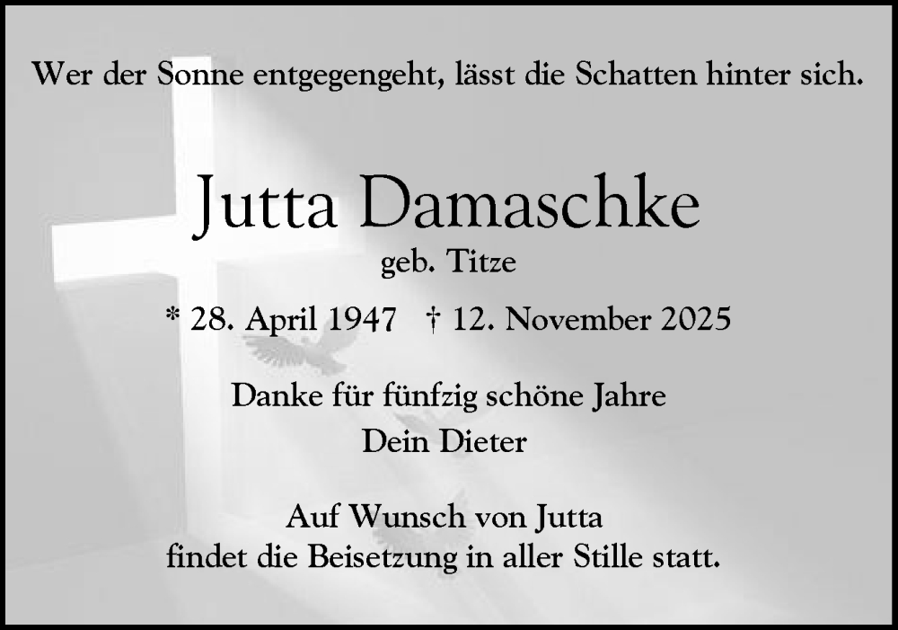  Traueranzeige für Jutta Damaschke vom 22.11.2025 aus Elmshorner Nachrichten, Barmstedter Zeitung