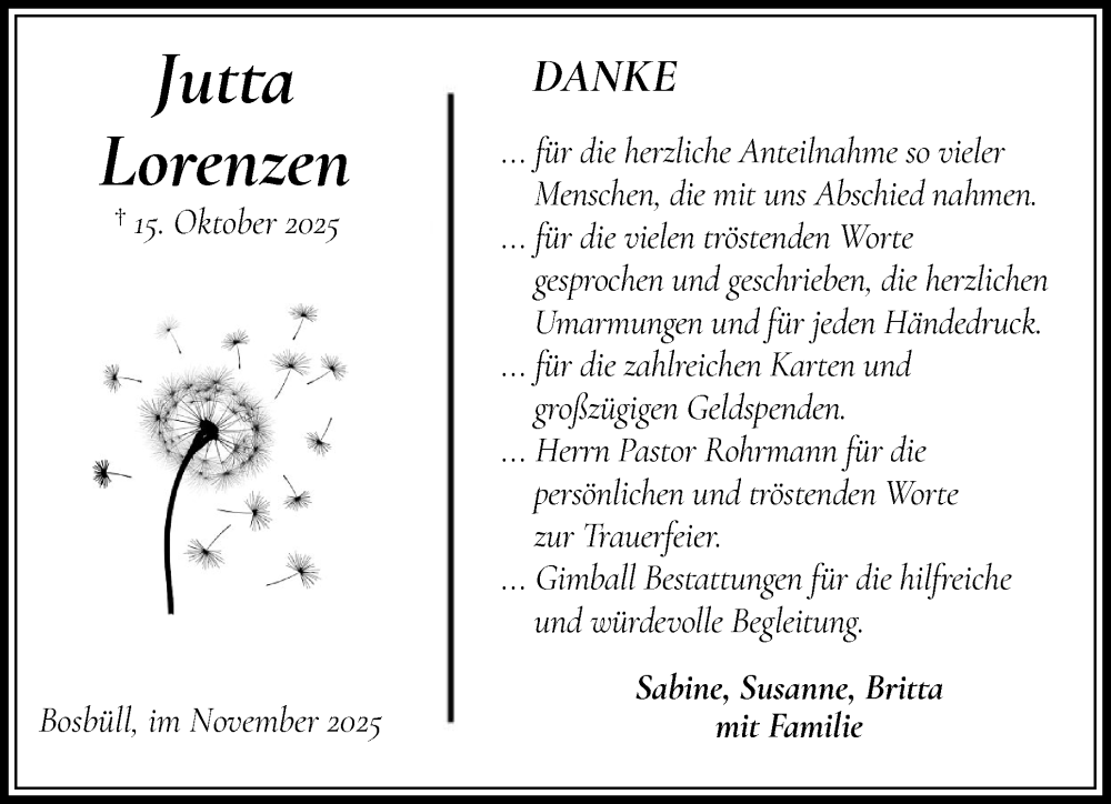  Traueranzeige für Jutta Lorenzen vom 29.11.2025 aus Husumer Nachrichten, Nordfriesland Tageblatt