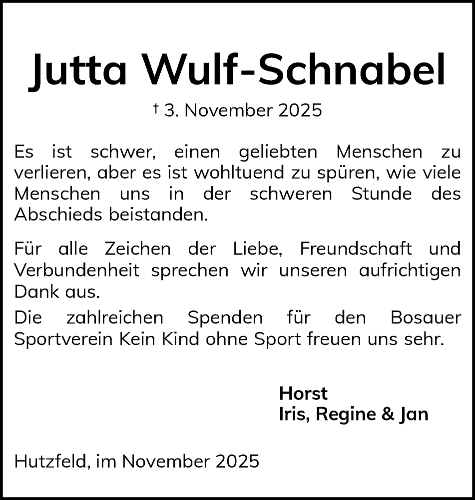  Traueranzeige für Jutta Wulf-Schnabel vom 22.11.2025 aus Ostholsteiner Anzeiger