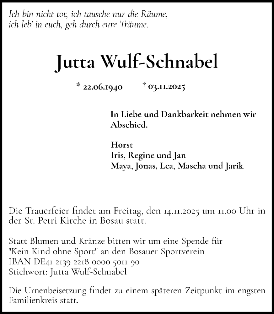  Traueranzeige für Jutta Wulf-Schnabel vom 08.11.2025 aus Ostholsteiner Anzeiger