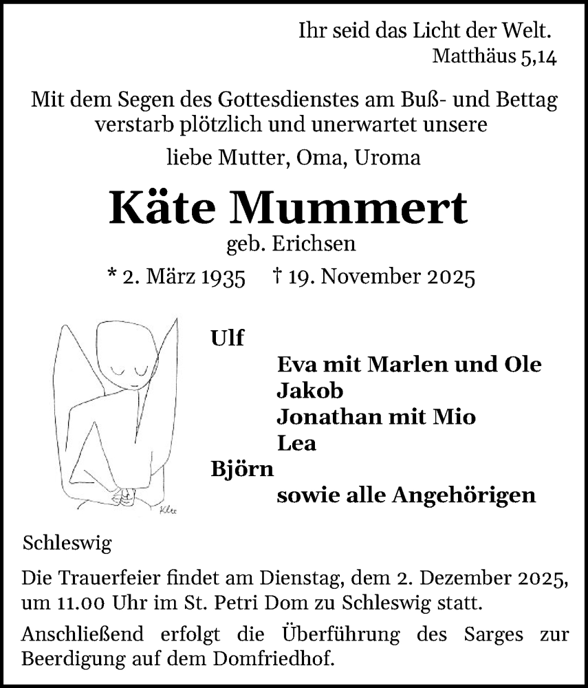  Traueranzeige für Käte Mummert vom 22.11.2025 aus Schleswiger Nachrichten, Schlei-Bote