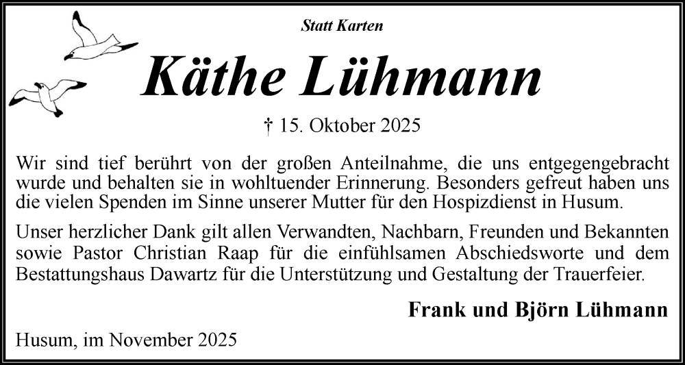  Traueranzeige für Käthe Lühmann vom 22.11.2025 aus Husumer Nachrichten, Nordfriesland Tageblatt