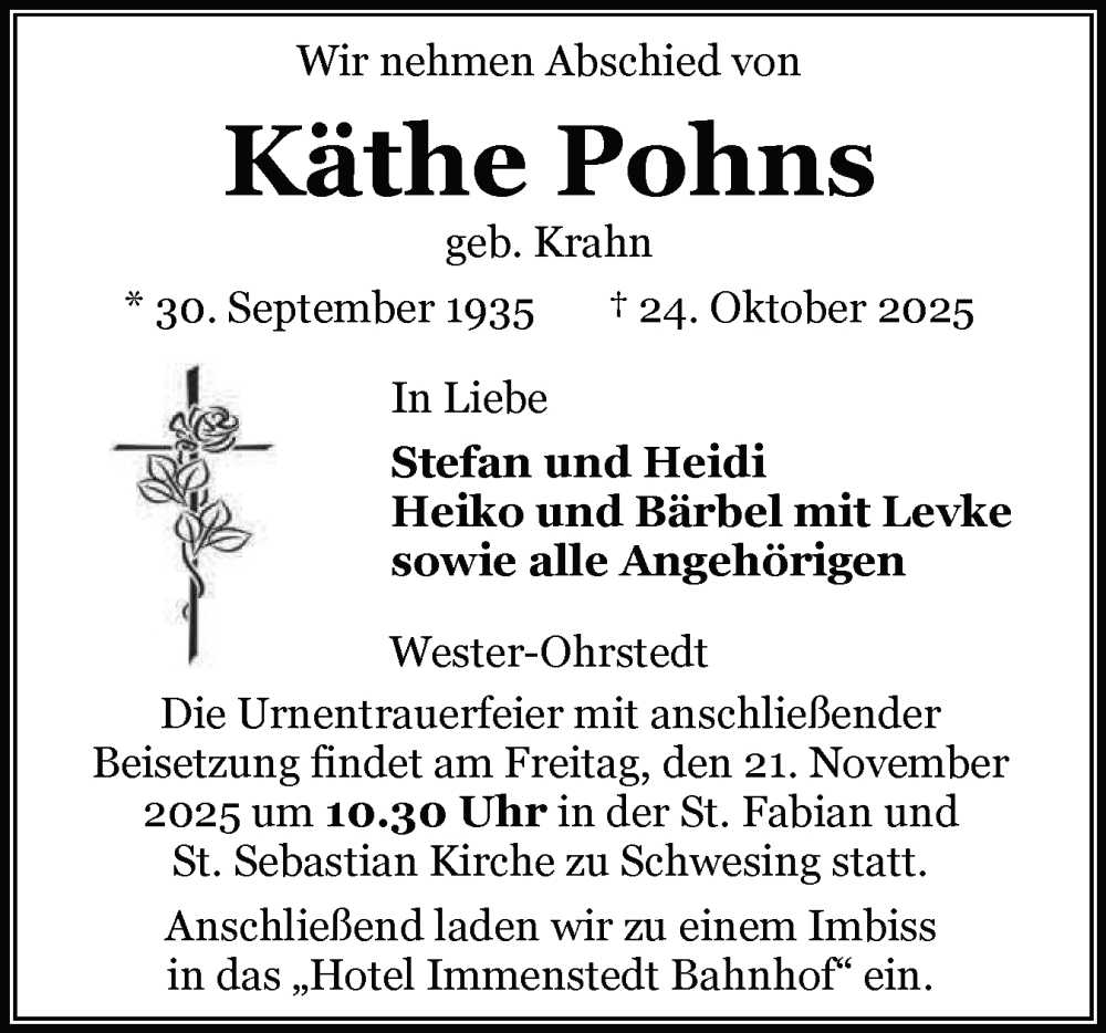  Traueranzeige für Käthe Pohns vom 08.11.2025 aus Husumer Nachrichten, Nordfriesland Tageblatt
