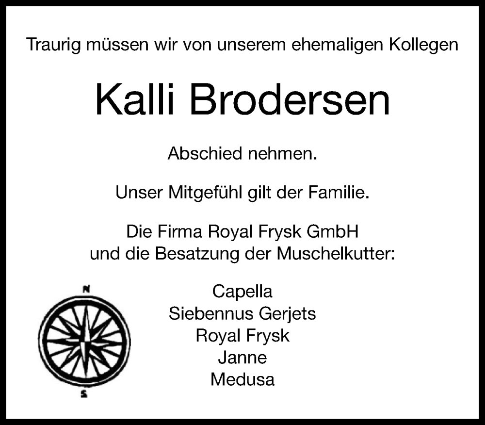  Traueranzeige für Kalli Brodersen vom 12.11.2025 aus Husumer Nachrichten, Nordfriesland Tageblatt