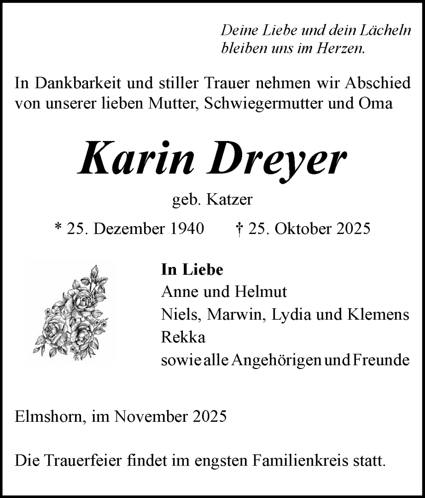  Traueranzeige für Karin Dreyer vom 08.11.2025 aus Elmshorner Nachrichten, Barmstedter Zeitung