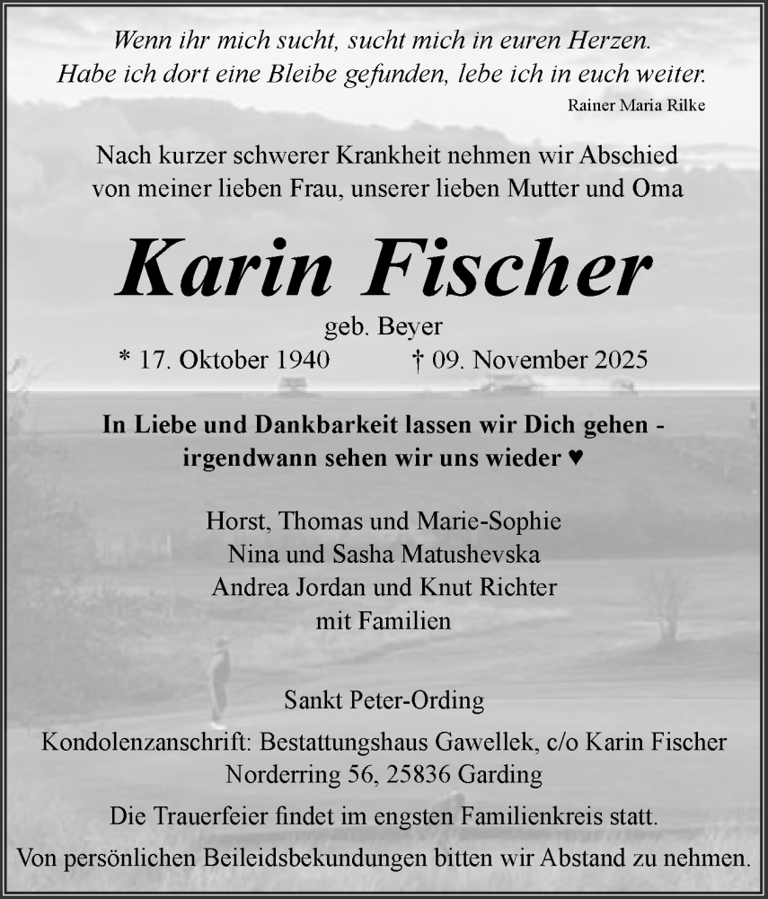  Traueranzeige für Karin Fischer vom 22.11.2025 aus Husumer Nachrichten, Nordfriesland Tageblatt