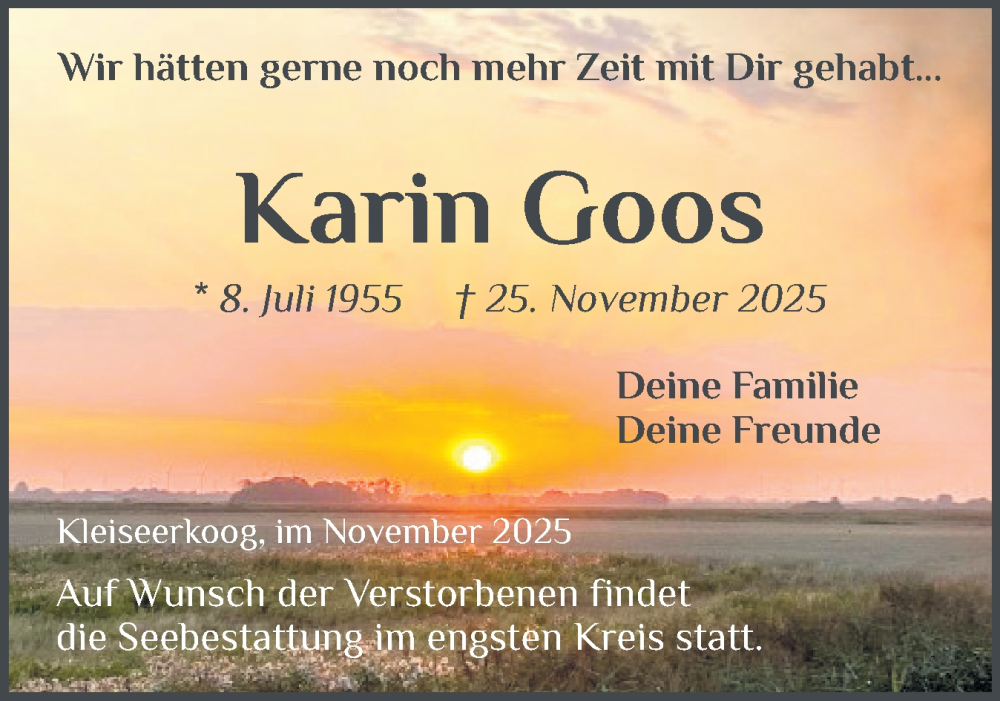  Traueranzeige für Karin Goos vom 29.11.2025 aus Husumer Nachrichten, Nordfriesland Tageblatt