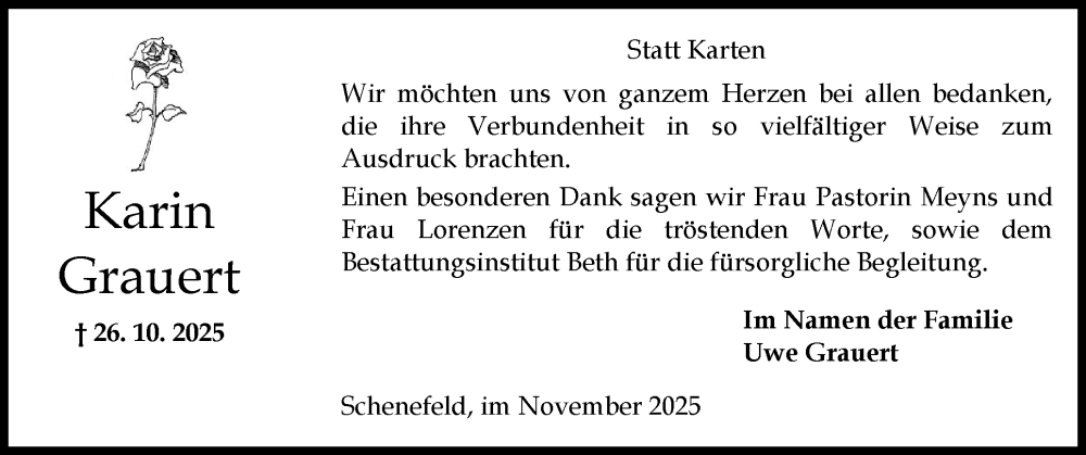  Traueranzeige für Karin Grauert vom 22.11.2025 aus Norddeutsche Rundschau, Wilstersche Zeitung, Glückstädter Fortuna