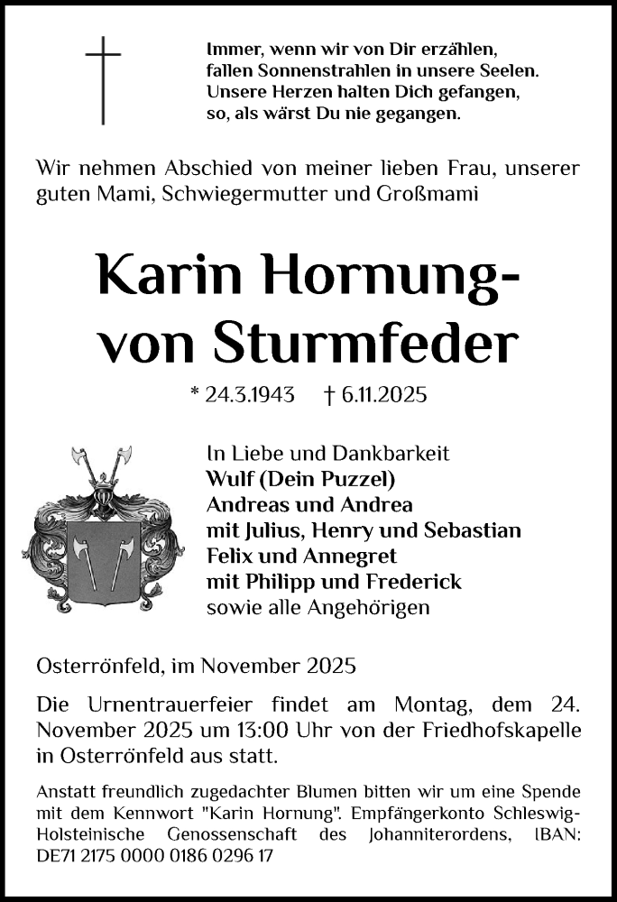  Traueranzeige für Karin Hornung-von Sturmfeder vom 14.11.2025 aus Schleswig-Holsteinische Landeszeitung