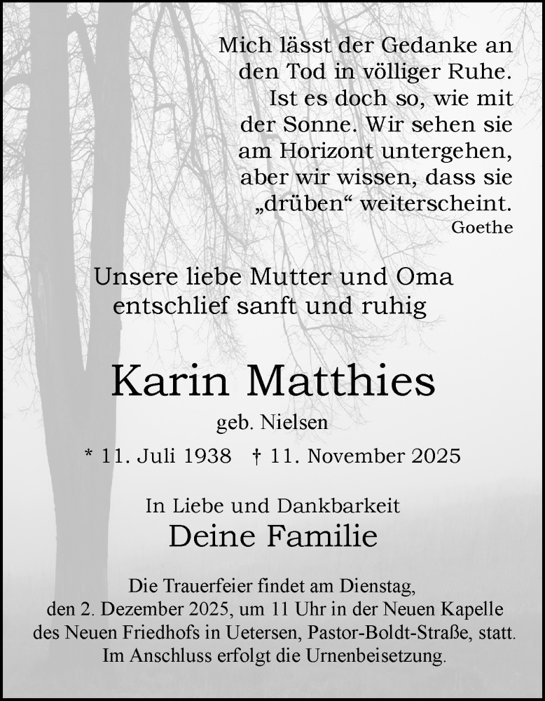 Traueranzeige für Karin Matthies vom 29.11.2025 aus Uetersener Nachrichten, Der tip am Wochenende
