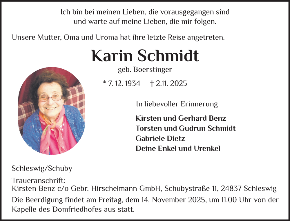  Traueranzeige für Karin Schmidt vom 08.11.2025 aus Schleswiger Nachrichten, Schlei-Bote