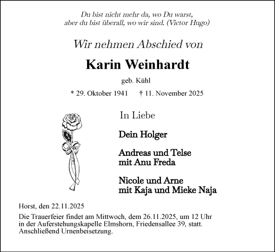 Traueranzeige von Karin Weinhardt von Elmshorner Nachrichten, Barmstedter Zeitung