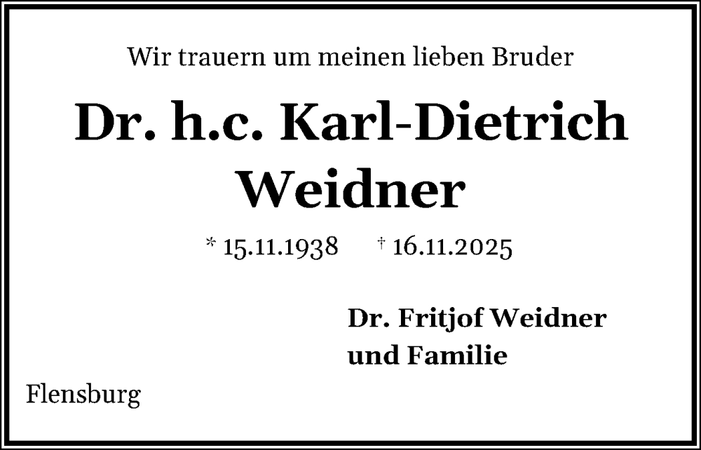  Traueranzeige für Karl-Dietrich Weidner vom 19.11.2025 aus Region Flensburg