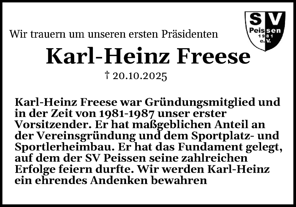  Traueranzeige für Karl-Heinz Freese vom 07.11.2025 aus Norddeutsche Rundschau, Wilstersche Zeitung, Glückstädter Fortuna