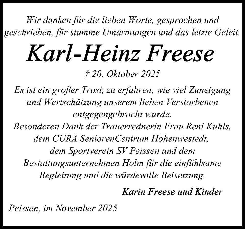  Traueranzeige für Karl-Heinz Freese vom 29.11.2025 aus Norddeutsche Rundschau, Wilstersche Zeitung, Glückstädter Fortuna