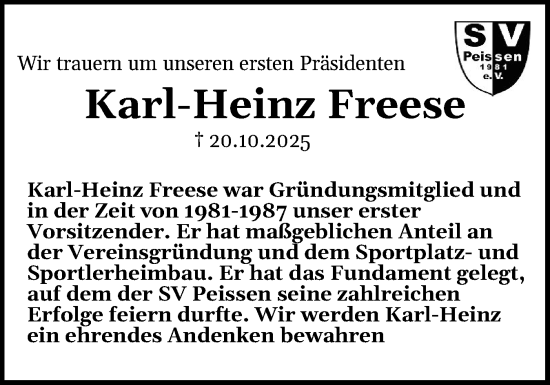 Traueranzeige von Karl-Heinz Freese von Norddeutsche Rundschau, Wilstersche Zeitung, Glückstädter Fortuna