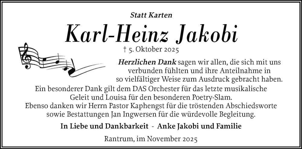  Traueranzeige für Karl-Heinz Jakobi vom 15.11.2025 aus Husumer Nachrichten, Nordfriesland Tageblatt