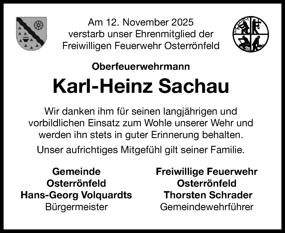  Traueranzeige für Karl-Heinz Sachau vom 22.11.2025 aus Schleswig-Holsteinische Landeszeitung