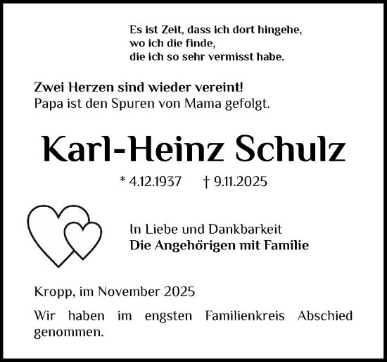 Traueranzeige von Karl-Heinz Schulz von Schleswig-Holsteinische Landeszeitung