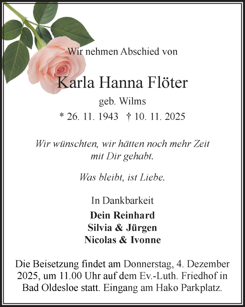  Traueranzeige für Karla Hanna Flöter vom 29.11.2025 aus MARKT Bad Oldesloe/Reinfeld und Stormarner Tageblatt