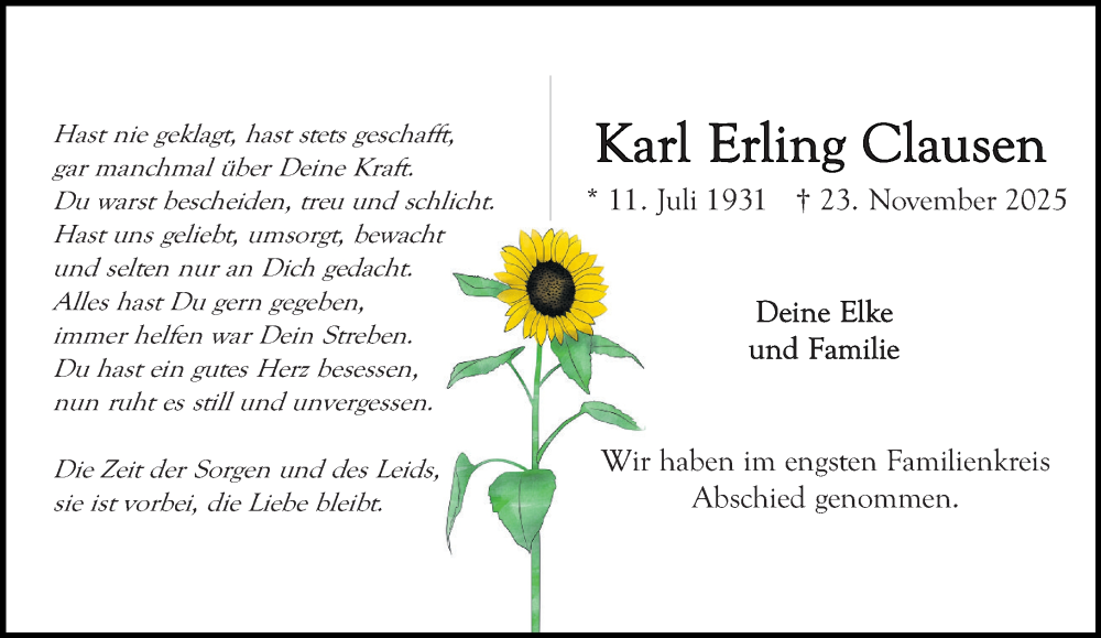  Traueranzeige für Karl Erling Clausen vom 29.11.2025 aus MARKT Ahrensburg/Bargteheide/Trittau und Stormarner Tageblatt