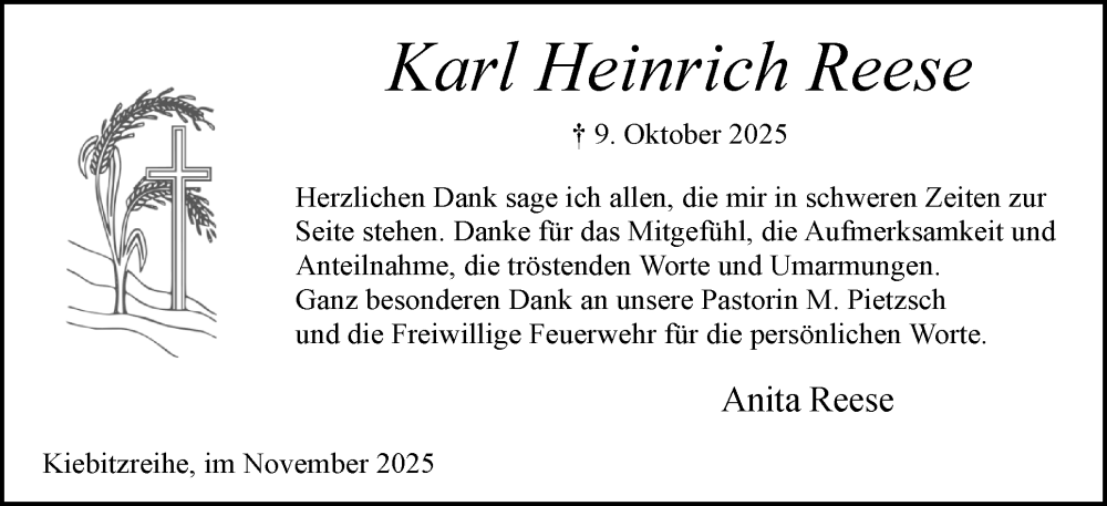  Traueranzeige für Karl Heinrich Reese vom 22.11.2025 aus Elmshorner Nachrichten, Barmstedter Zeitung
