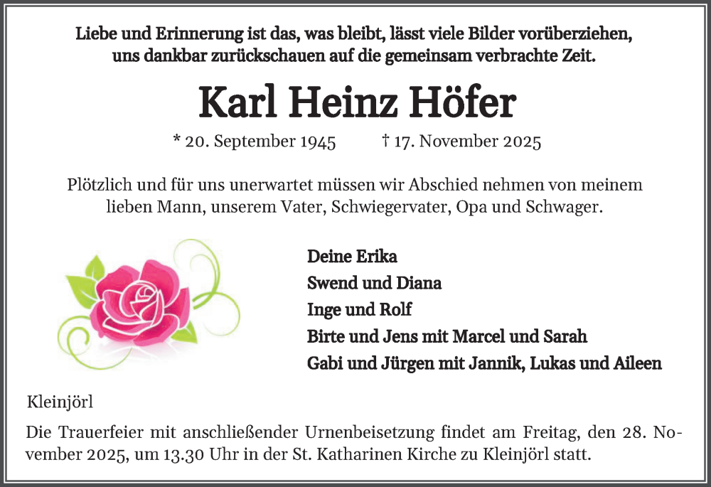  Traueranzeige für Karl Heinz Höfer vom 22.11.2025 aus Region Flensburg