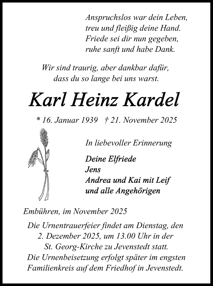  Traueranzeige für Karl Heinz Kardel vom 27.11.2025 aus Schleswig-Holsteinische Landeszeitung