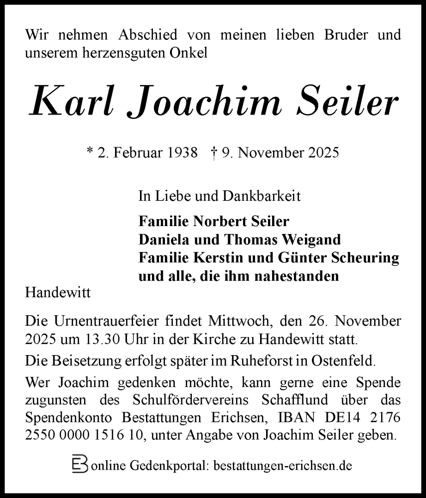  Traueranzeige für Karl Joachim Seiler vom 22.11.2025 aus Flensburger Tageblatt