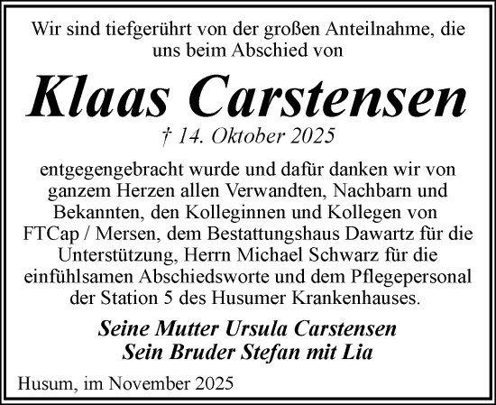 Traueranzeige von Klaas Carstensen von Husumer Nachrichten, Nordfriesland Tageblatt