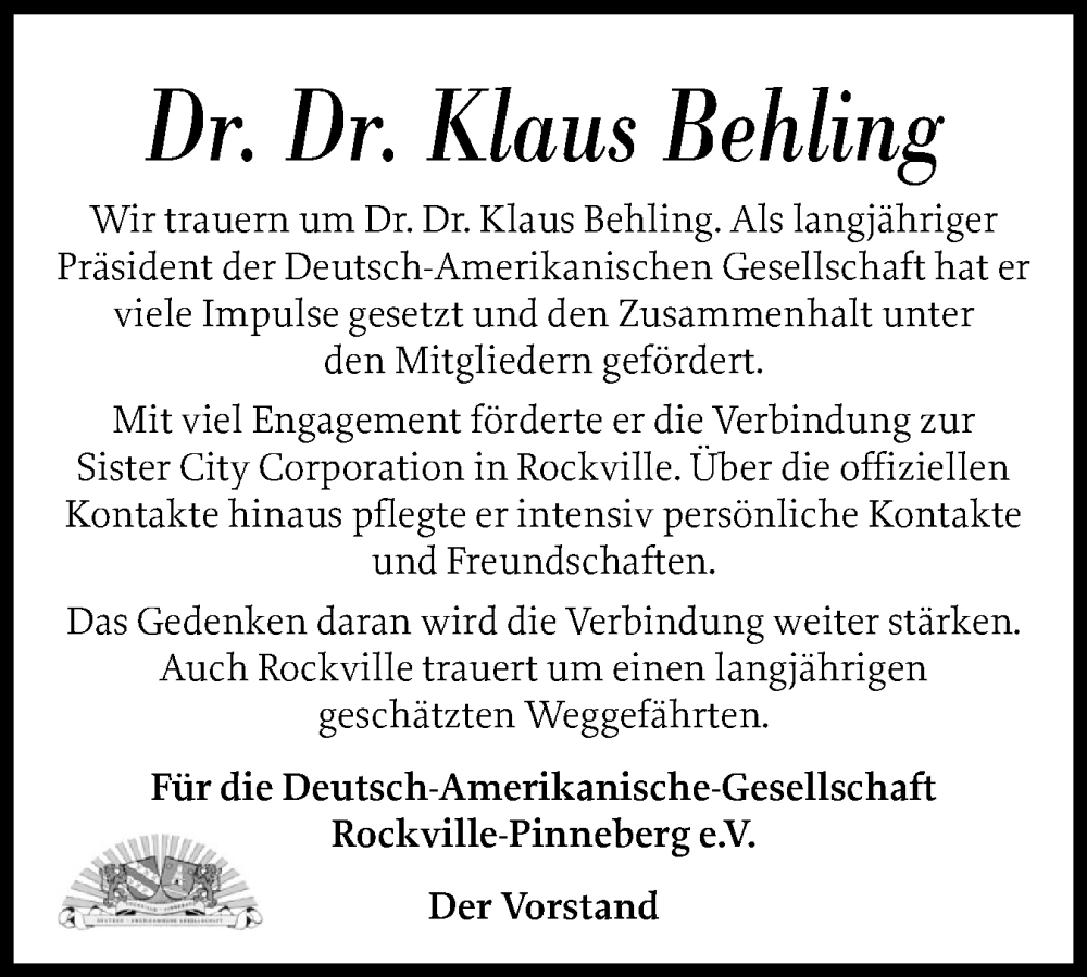  Traueranzeige für Klaus Behling vom 08.11.2025 aus Region Pinneberg und tip Pinneberg
