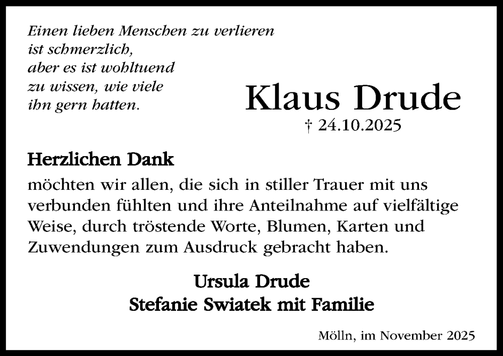  Traueranzeige für Klaus Drude vom 29.11.2025 aus MARKT Ratzeburg/Mölln